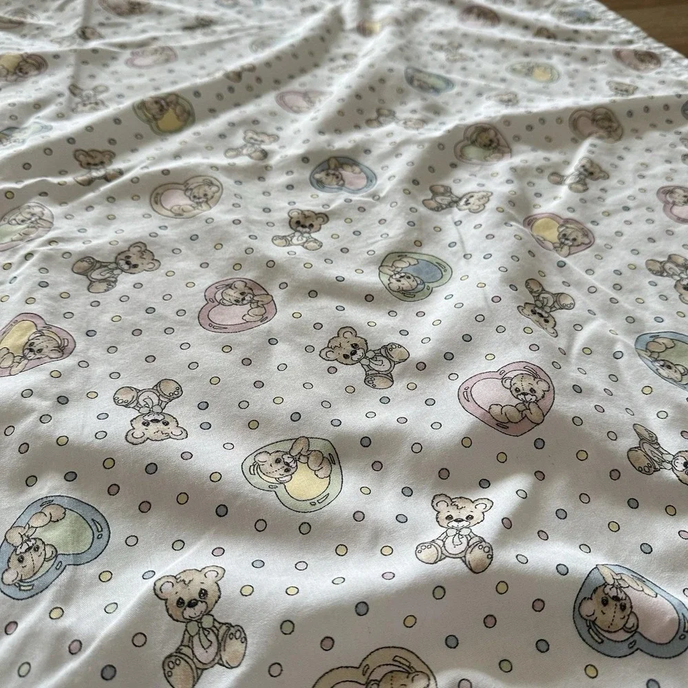 VTG 90s Hand Sewn Precious Moments Flannel Baby Blanket Bears Hearts White 45x44